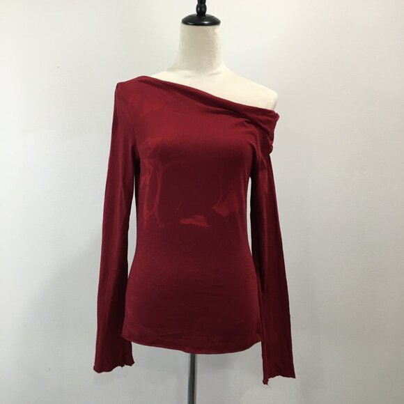 JAMES PERSE Dark Red/Burgundy Off Shoulder Long Sleeve Shirt - Picture 4 of 7